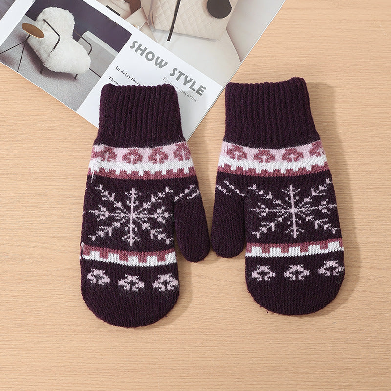 Snowflake Jacquard Knit Ribbed Cuff Winter Mittens - Purple