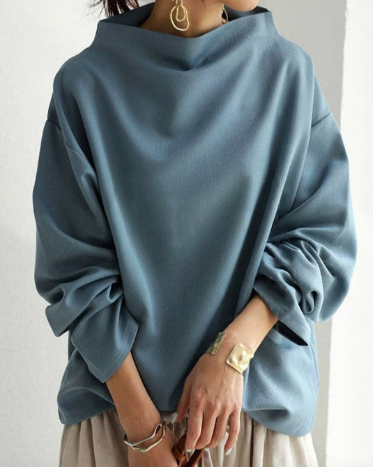Cowl Neck Oversized Drop Shoulder Sweatshirt - Blue