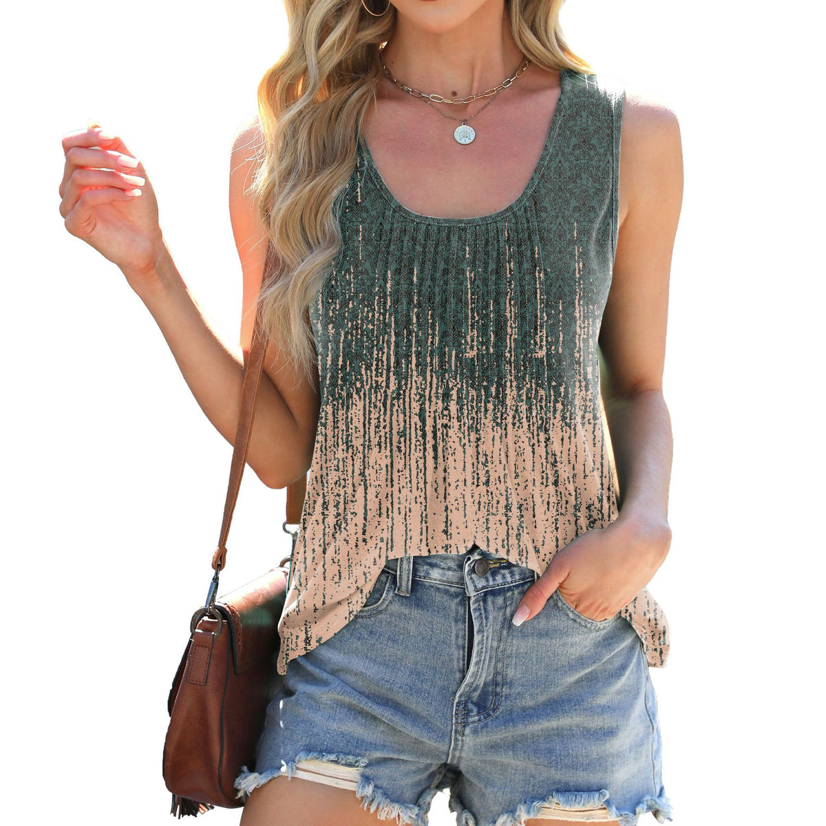 Pleated Scoop Neck Sleeveless Printed Tank Top - Color_06