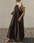Embroidered Halter Neck Flowy Maxi Dress - Brown