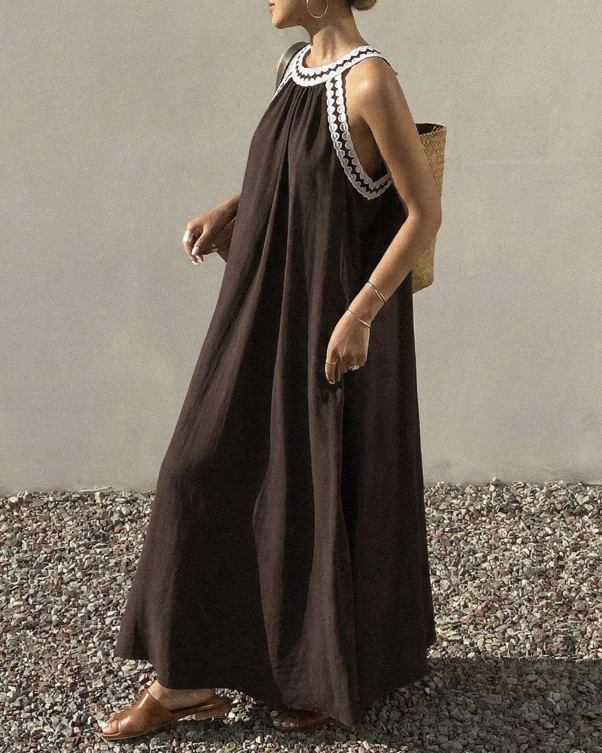 Embroidered Halter Neck Flowy Maxi Dress - Brown