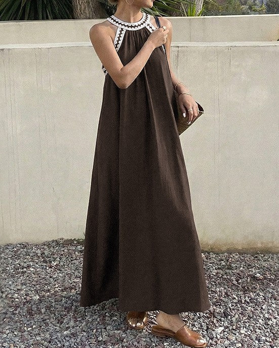 Embroidered Halter Neck Flowy Maxi Dress - Brown - 1