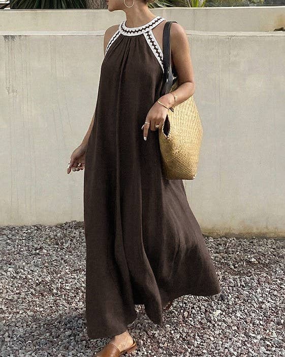 Embroidered Halter Neck Flowy Maxi Dress