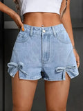 Bow Tie Side Slit High Waist Denim Shorts - Blue