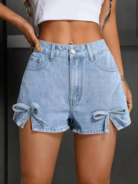 Bow Tie Side Slit High Waist Denim Shorts - Blue