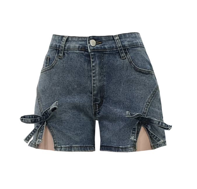 Bow Tie Side Slit High Waist Denim Shorts