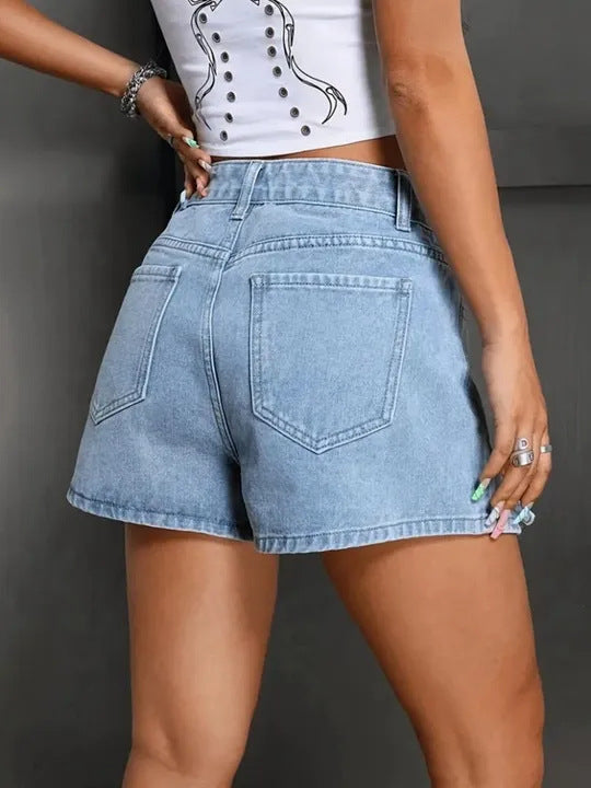 Bow Tie Side Slit High Waist Denim Shorts - view 1