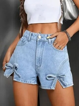 Bow Tie Side Slit High Waist Denim Shorts - view 2