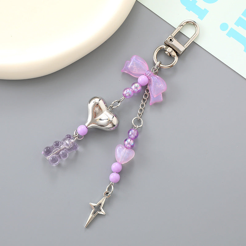 Puffy Heart Beaded Tassel Keychain - Purple - 1