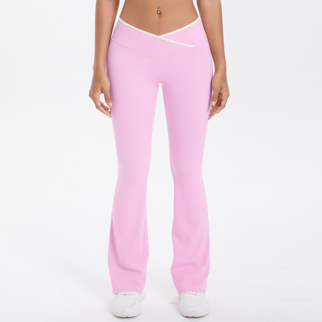 Brushed Contrast Trim Crossover Flare Yoga Leggings - Blossom Pink