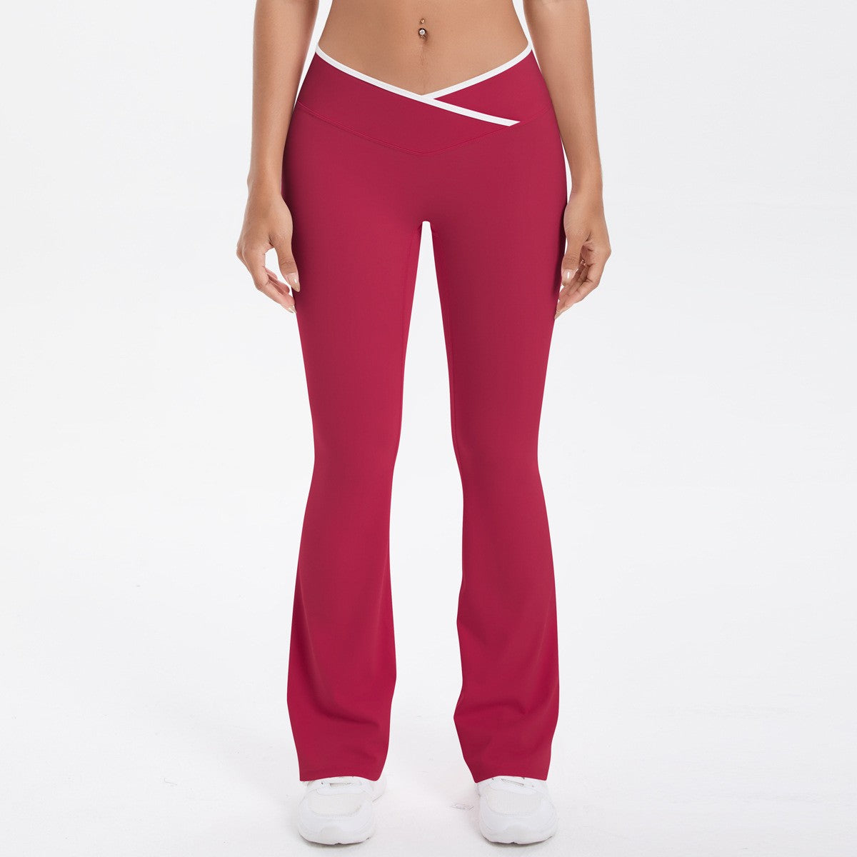 Brushed Contrast Trim Crossover Flare Yoga Leggings - Crimson