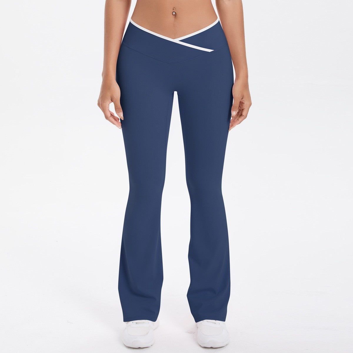 Brushed Contrast Trim Crossover Flare Yoga Leggings - Navy