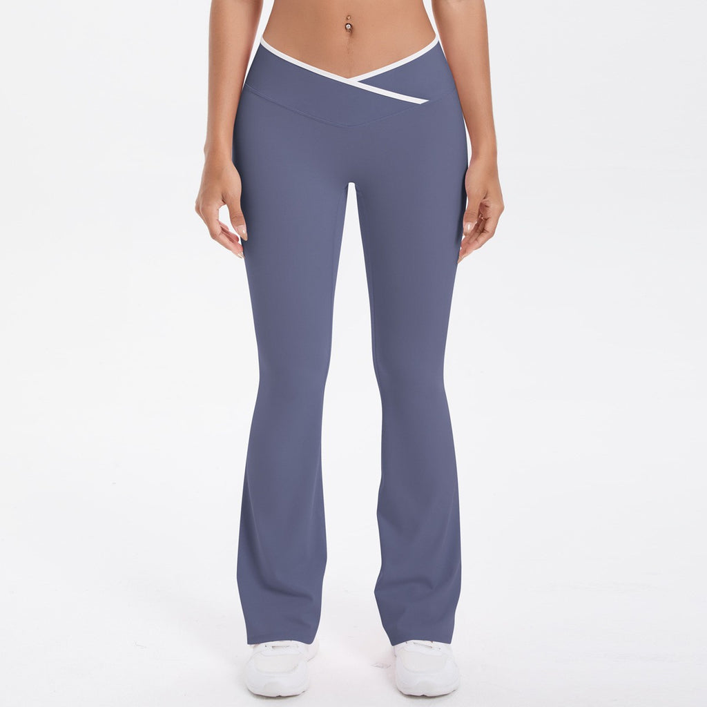 Brushed Contrast Trim Crossover Flare Yoga Leggings - Slate Blue