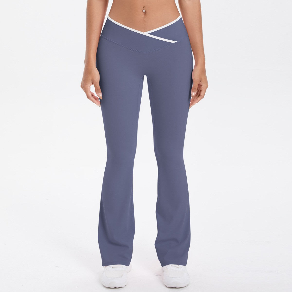 Brushed Contrast Trim Crossover Flare Yoga Leggings - Slate Blue