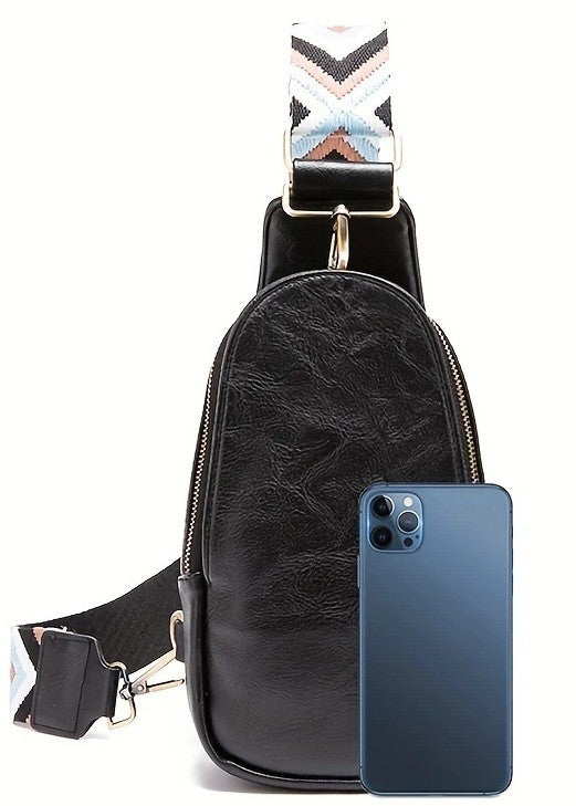 Washed Faux Leather Chest Sling Bag - Black