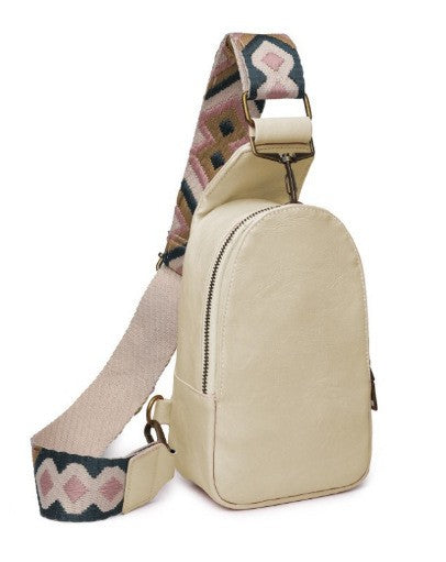 Washed Faux Leather Chest Sling Bag - Cream