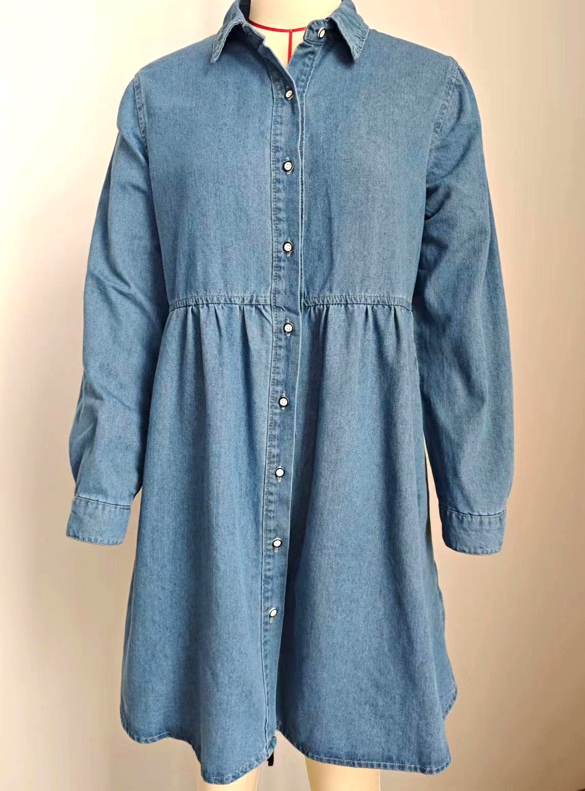 Long Sleeve Tiered Denim Shirt Dress - Blue - 3