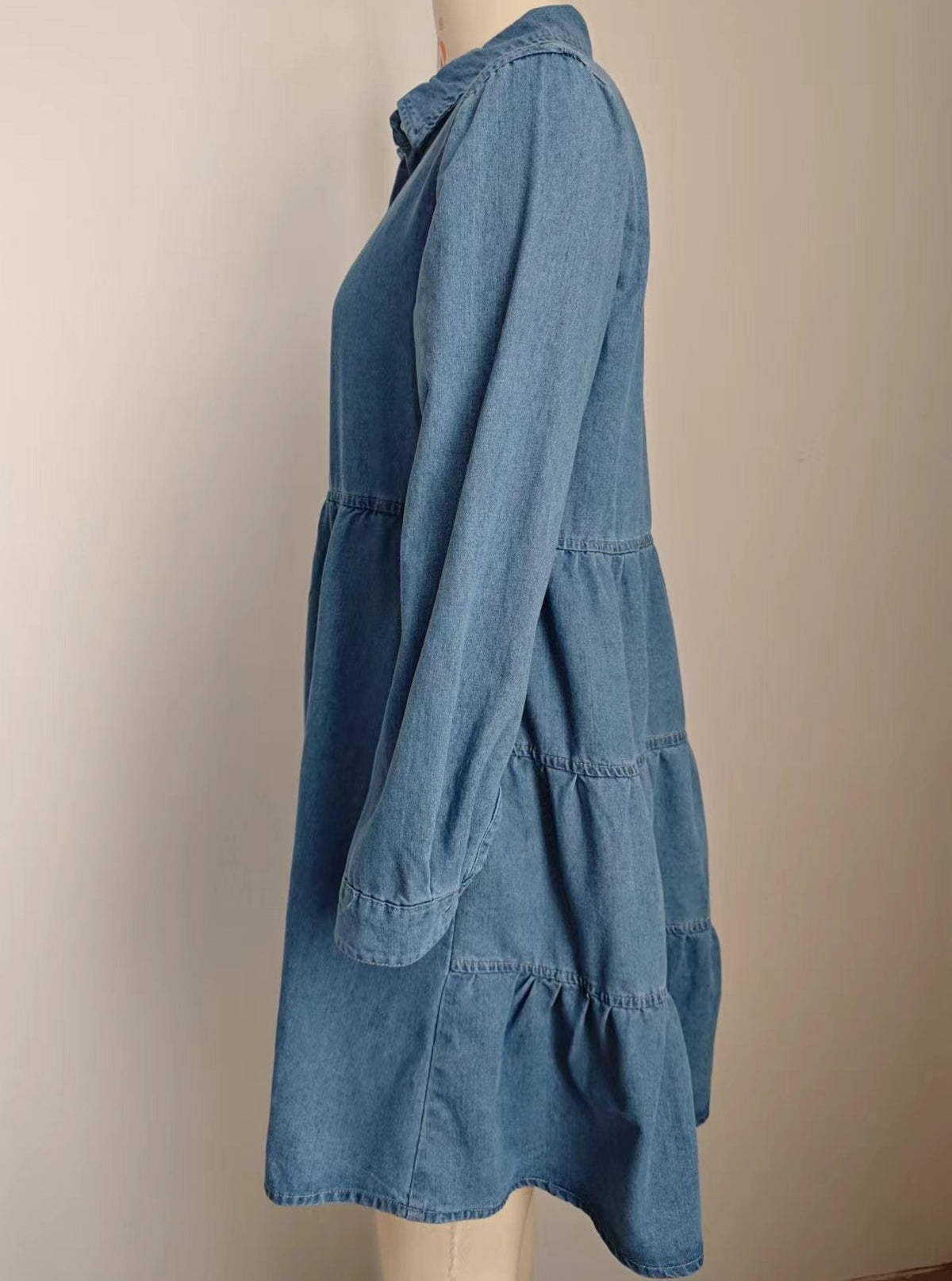 Long Sleeve Tiered Denim Shirt Dress - Blue - 4