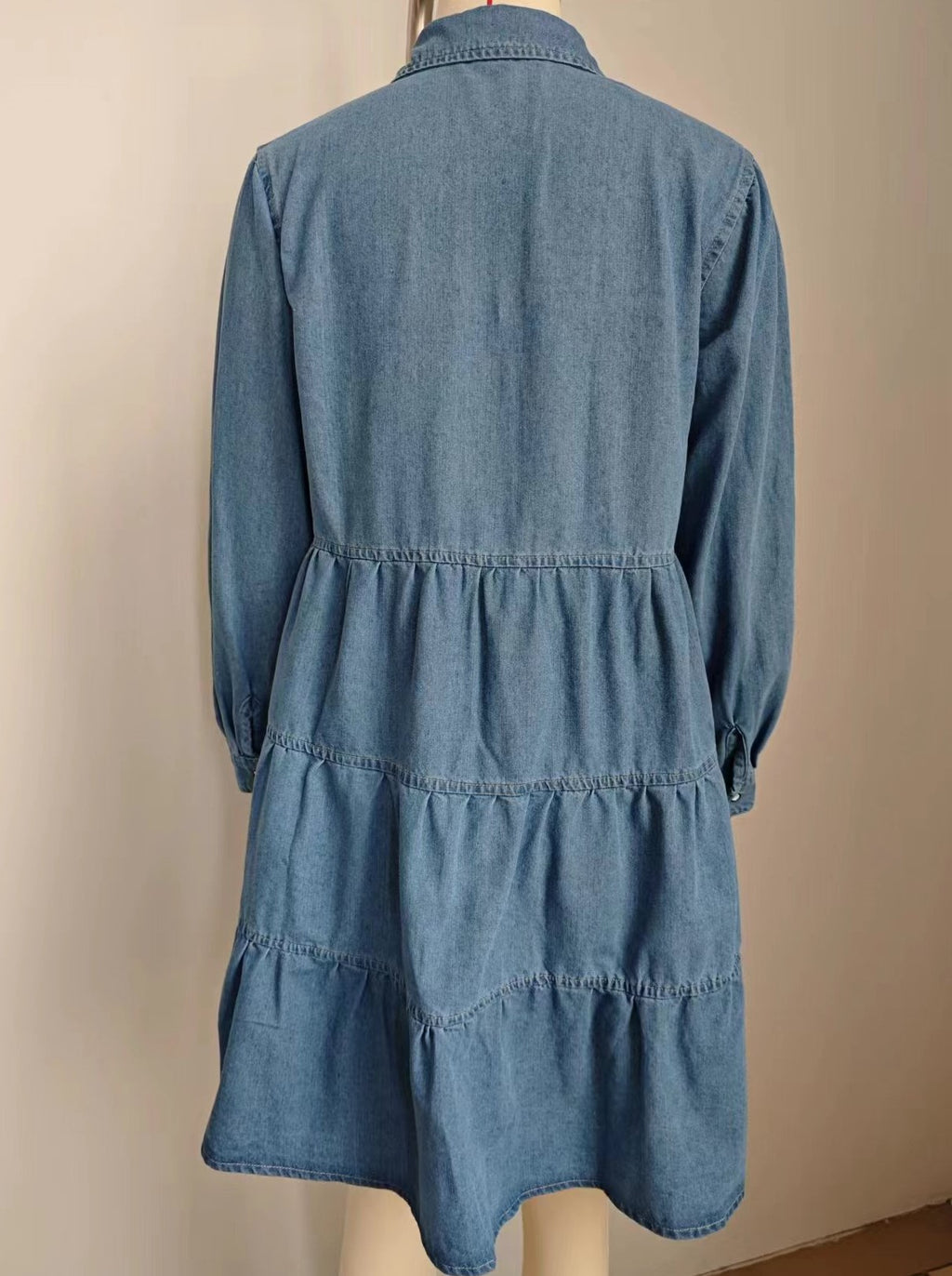 Long Sleeve Tiered Denim Shirt Dress - Blue - 5