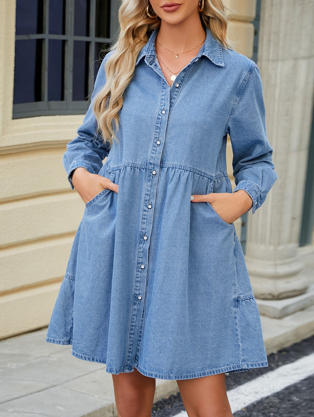 Long Sleeve Tiered Denim Shirt Dress - Blue - 6