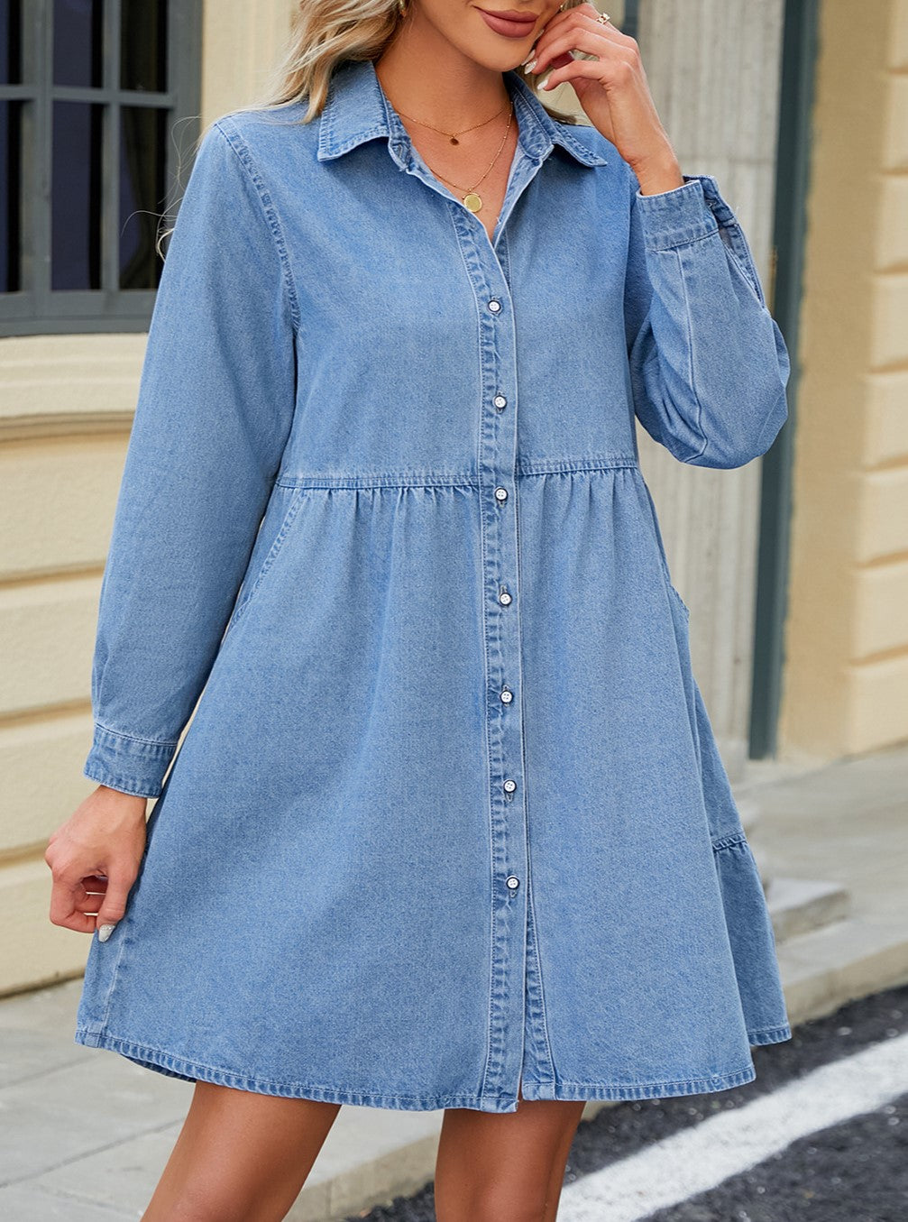 Long Sleeve Tiered Denim Shirt Dress - Blue - 7