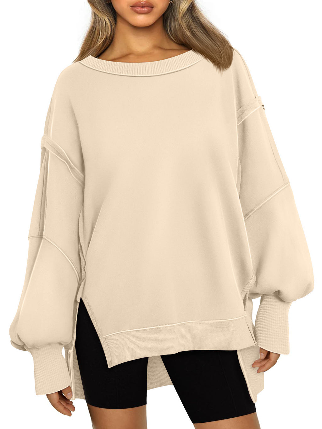 Oversized Side Split Drop Shoulder Sweatshirt - Beige