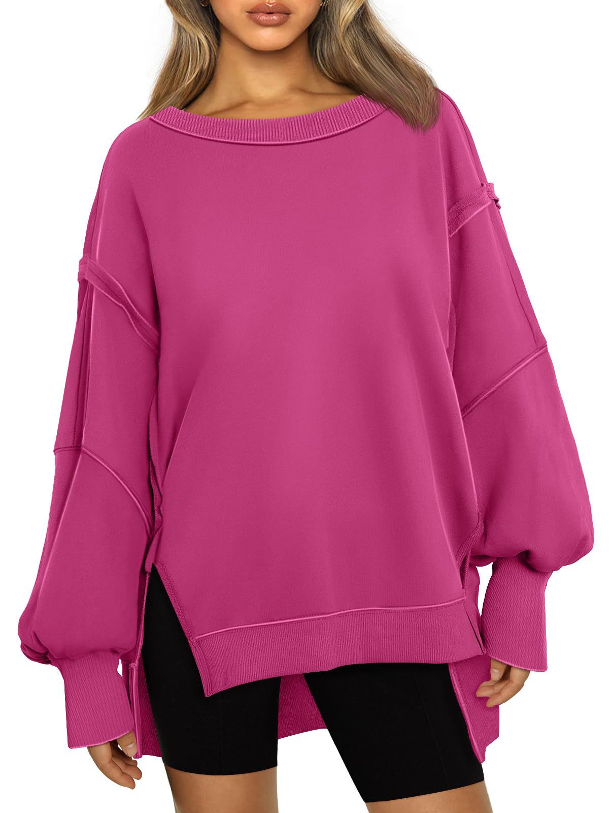 Oversized Side Split Drop Shoulder Sweatshirt - Fuchsia