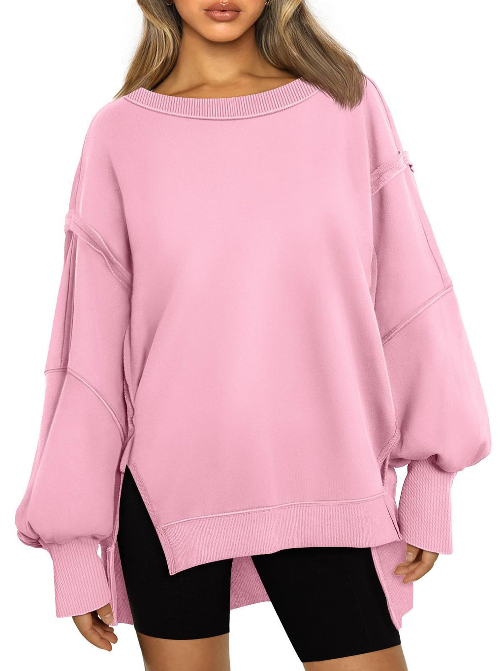 Oversized Side Split Drop Shoulder Sweatshirt - Pink - 1