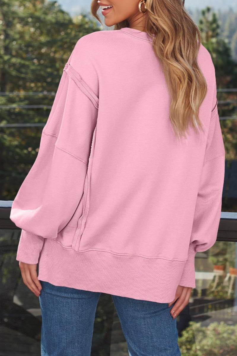 Oversized Side Split Drop Shoulder Sweatshirt - Pink - 3