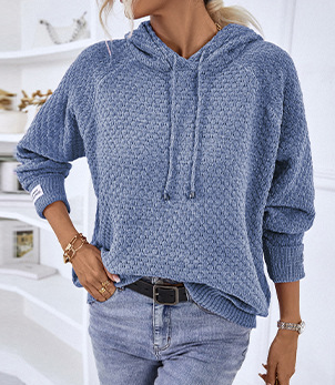 Textured Waffle Knit Pullover Hoodie - Blue - 2