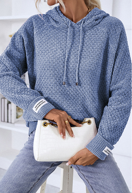 Textured Waffle Knit Pullover Hoodie - Blue - 3