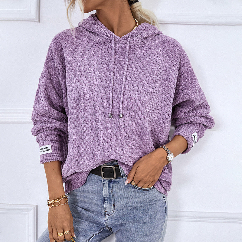 Textured Waffle Knit Pullover Hoodie - Purple