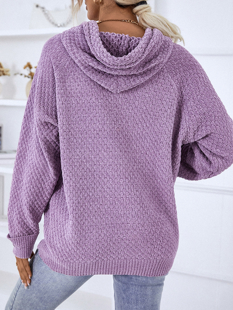 Textured Waffle Knit Pullover Hoodie - Purple - 1