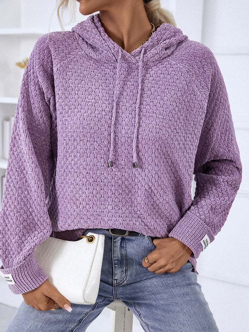 Textured Waffle Knit Pullover Hoodie - Purple - 3