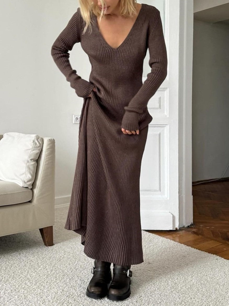 Deep V Neck Rib Knit Maxi Dress - Brown