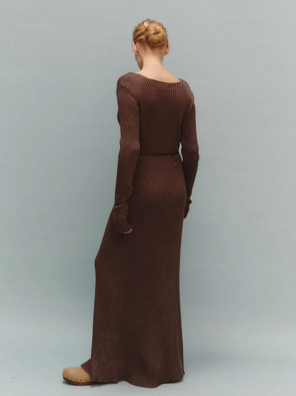 Deep V Neck Rib Knit Maxi Dress - Brown - 3