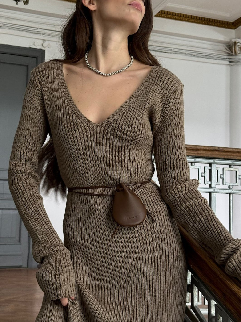 Deep V Neck Rib Knit Maxi Dress - Taupe - 3