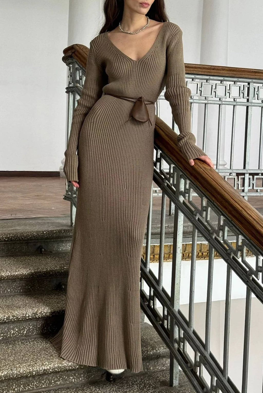 Deep V Neck Rib Knit Maxi Dress