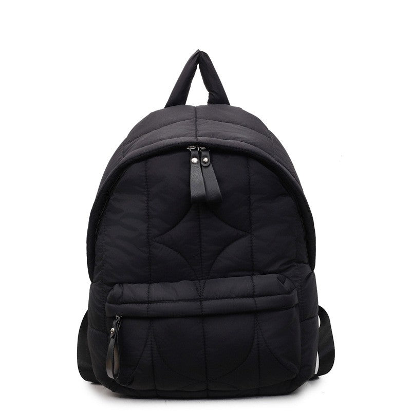Quilted Puffer Backpack with Front Pocket - Black