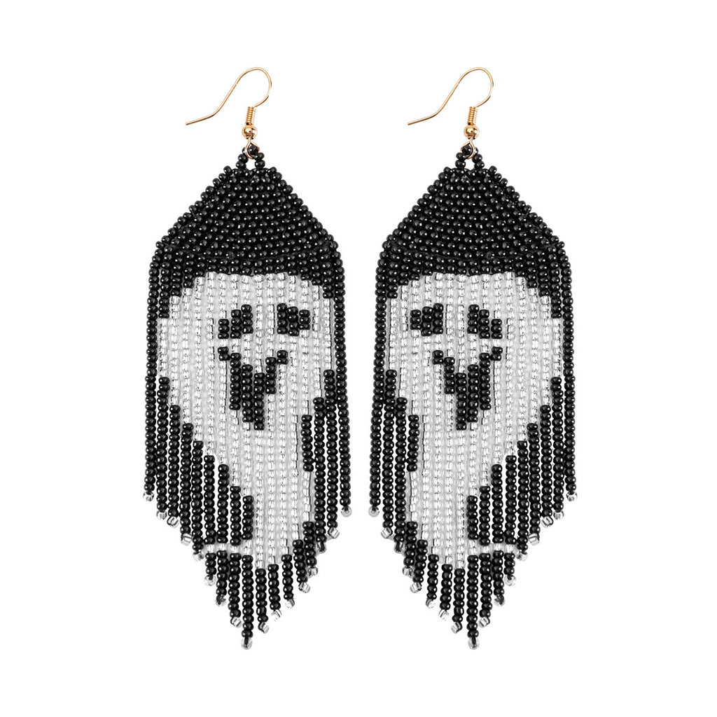 Beaded Halloween Fringe Statement Drop Earrings - Ghost