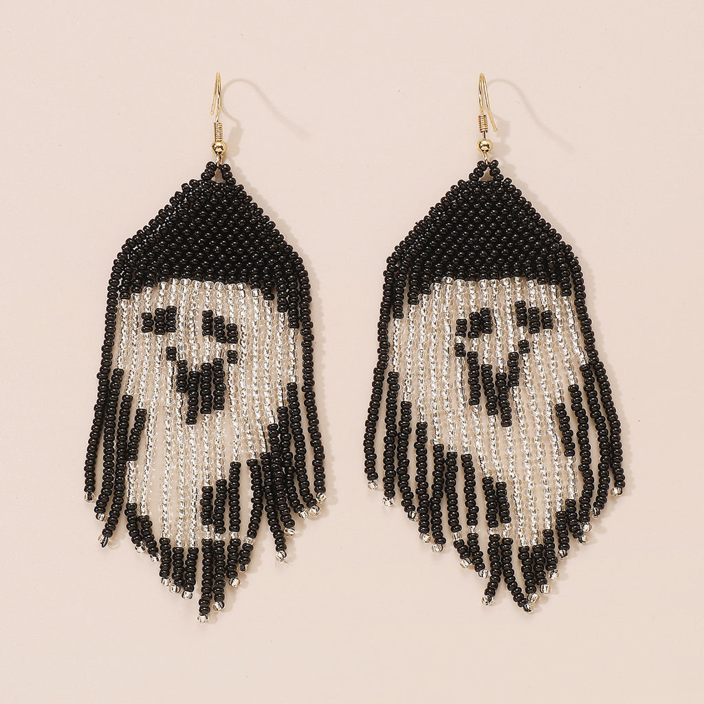 Beaded Halloween Fringe Statement Drop Earrings - Ghost - 2