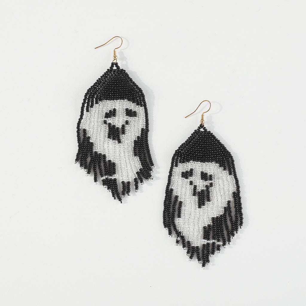 Beaded Halloween Fringe Statement Drop Earrings - Ghost - 3
