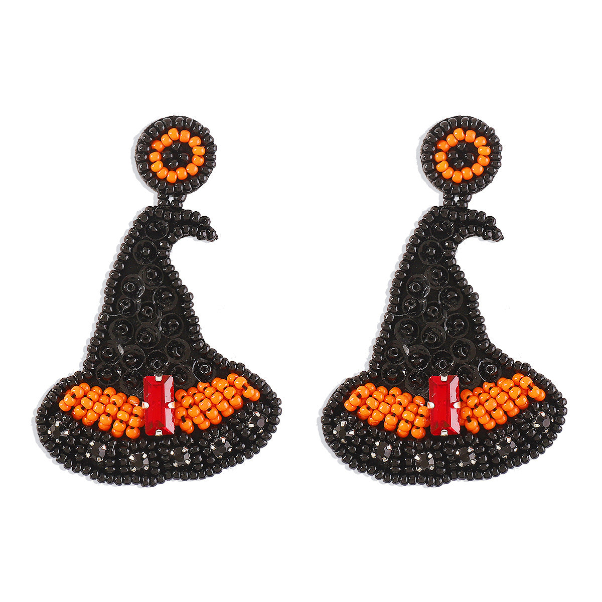 Beaded Halloween Fringe Statement Drop Earrings - Witch Hat
