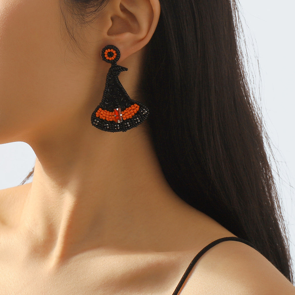 Beaded Halloween Fringe Statement Drop Earrings - Witch Hat - 1