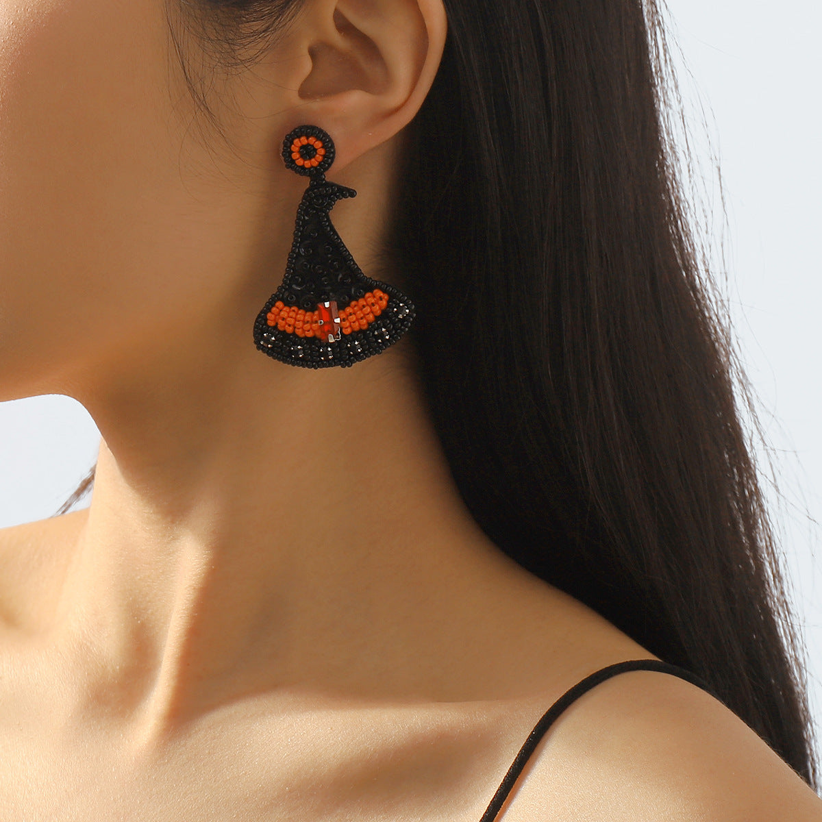 Beaded Halloween Fringe Statement Drop Earrings - Witch Hat - 1