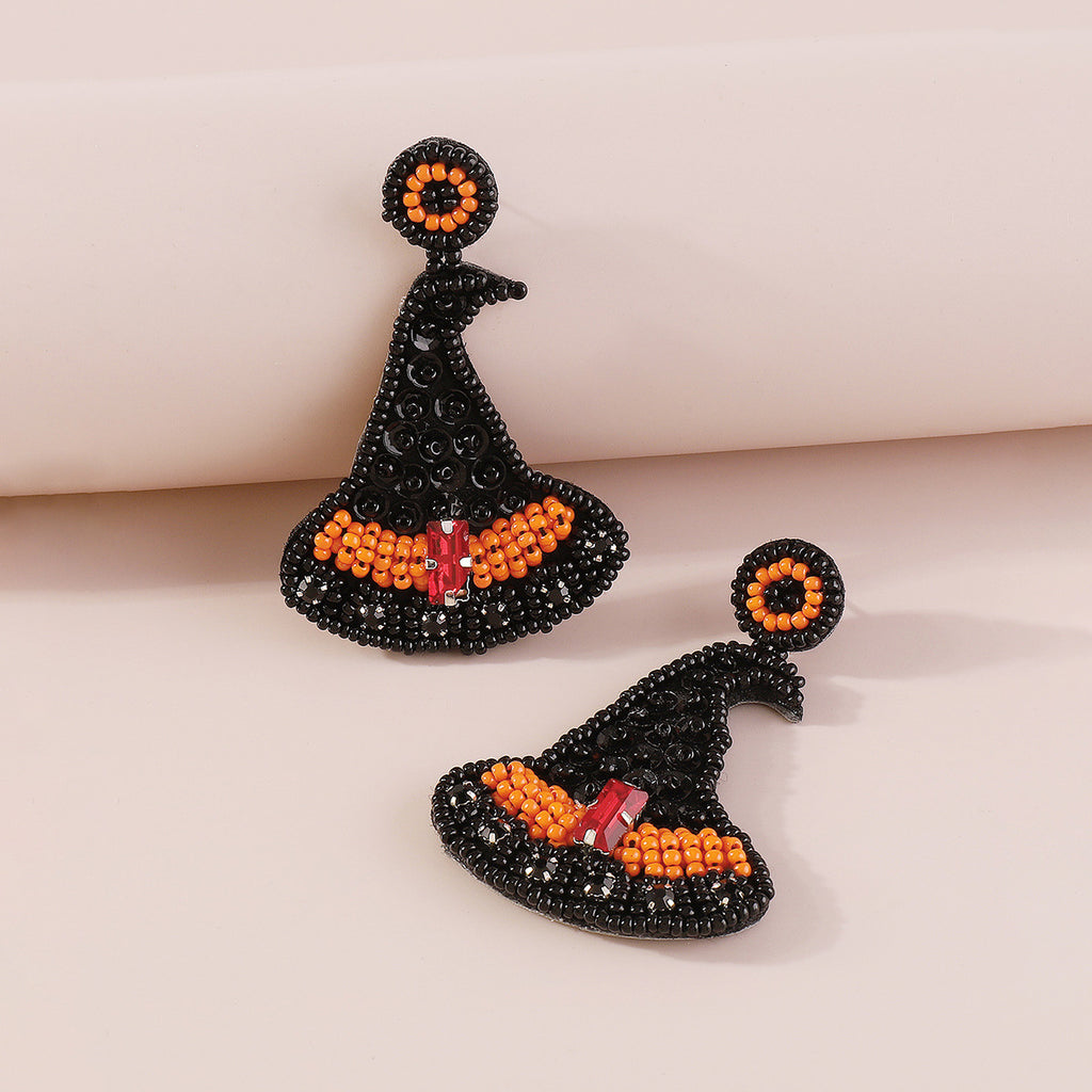 Beaded Halloween Fringe Statement Drop Earrings - Witch Hat - 2