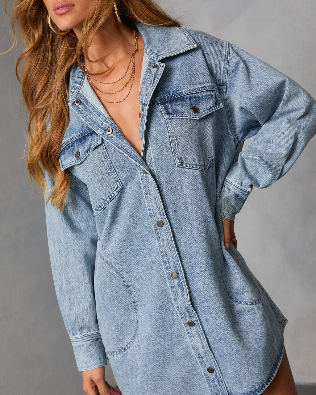 Oversized Denim Shirt Dress With Pockets - Blue - 1