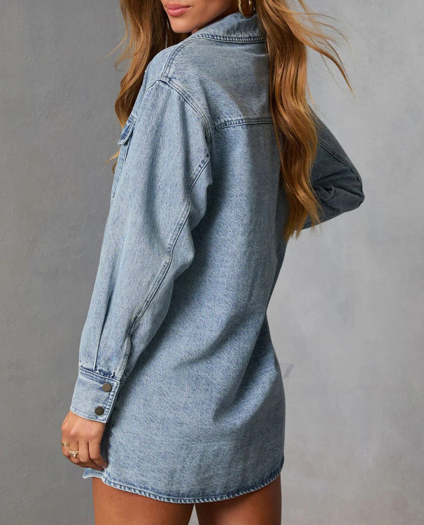 Oversized Denim Shirt Dress With Pockets - Blue - 2