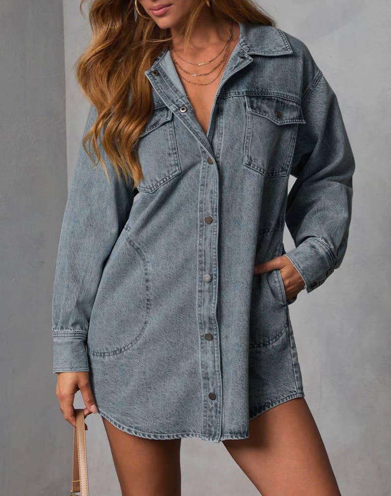 Oversized Denim Shirt Dress With Pockets