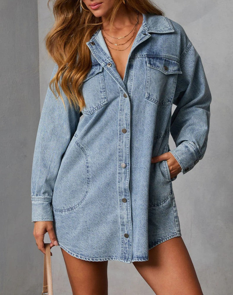 Oversized Denim Shirt Dress With Pockets - view 1